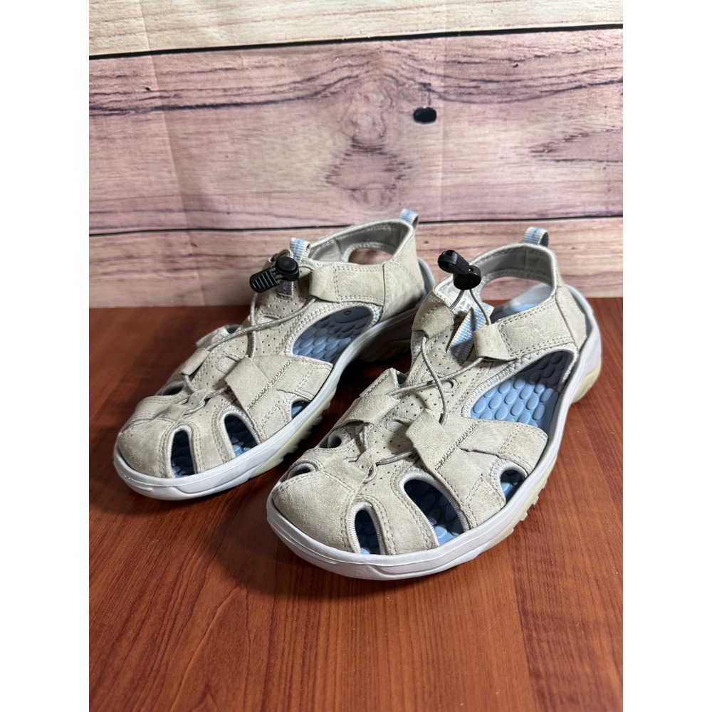 Propet TravelActiv Adventure Sandals Womens 9 Beige Blue Suede Fisherman Hiking